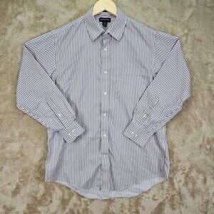 Lands' End White Blue Red Striped Button-Down Shirt Men's Size 16-33 Long Sleeve